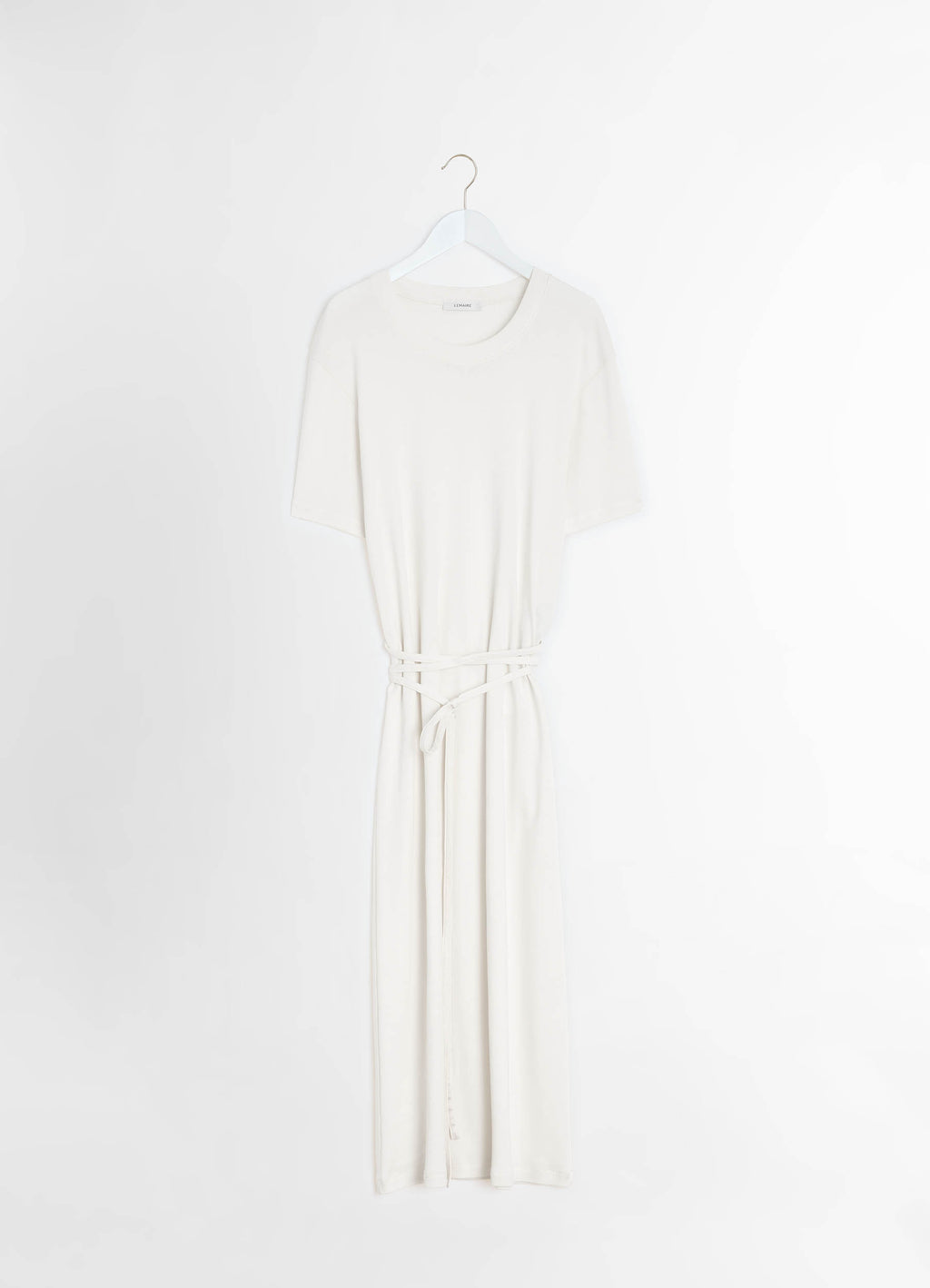 Lemaire Belted Rib T-shirt Dress in Mid-weight Cotton Jersey, product shot, hanger display view short sleeves, belted waist