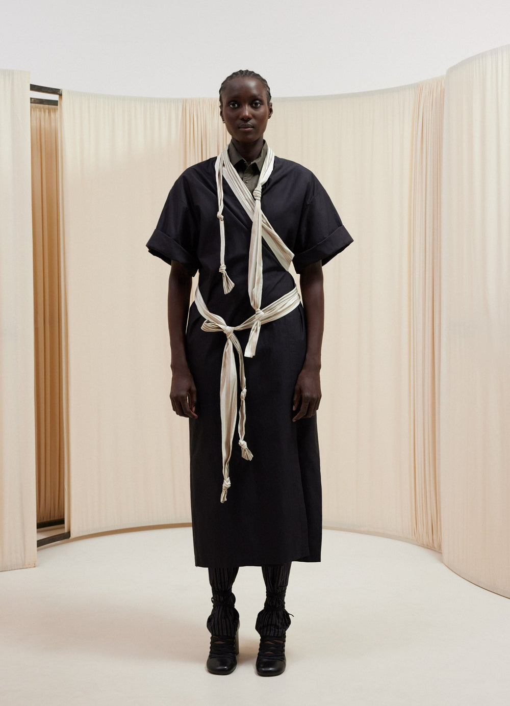 Lemaire Knotted Dress in Washed Cotton Silk, model shot, Front view Loose fit with ties