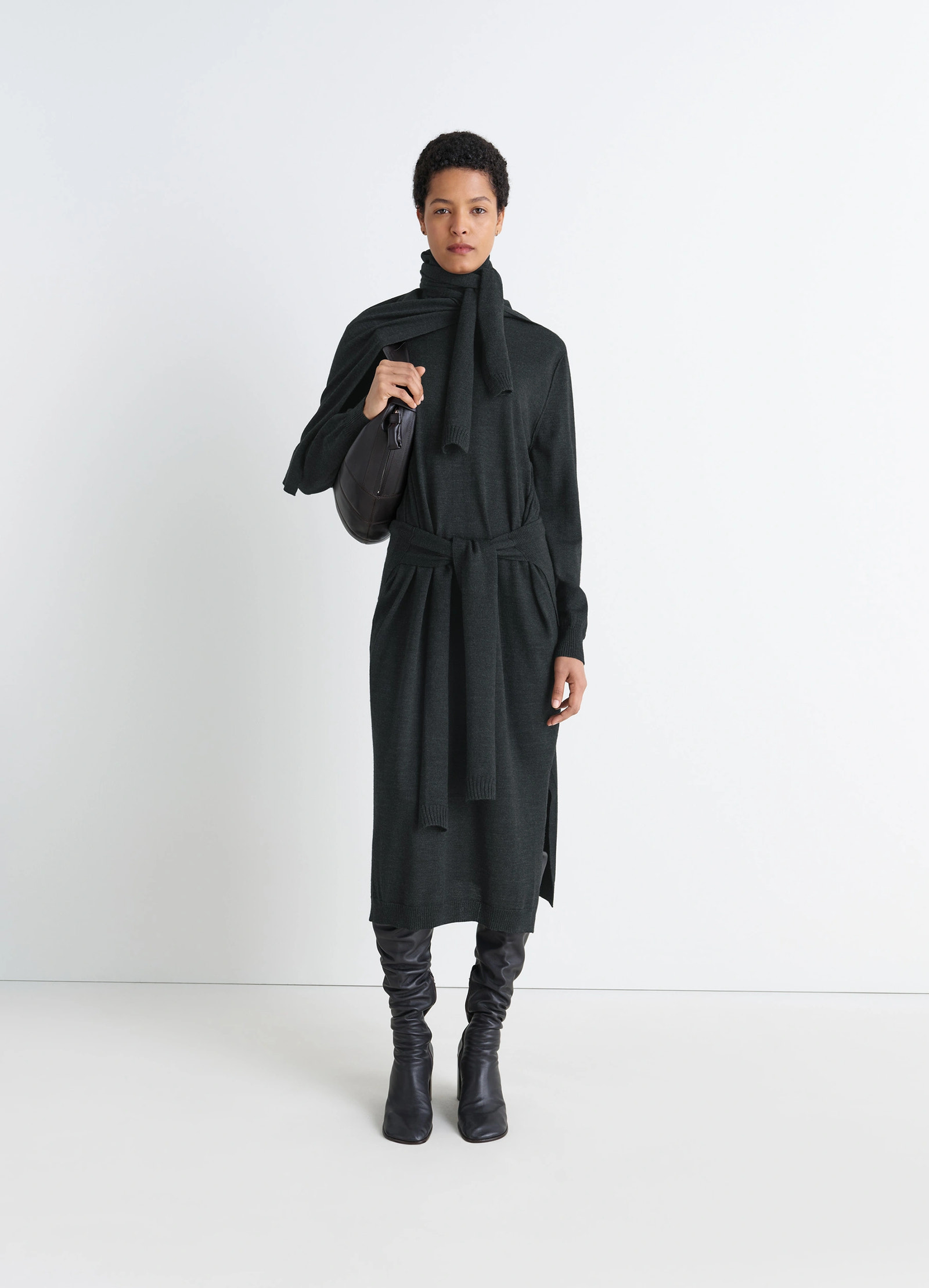 Lemaire trompe loeil dress in dark merino wool blend, model shot, front view sweater-tie panels