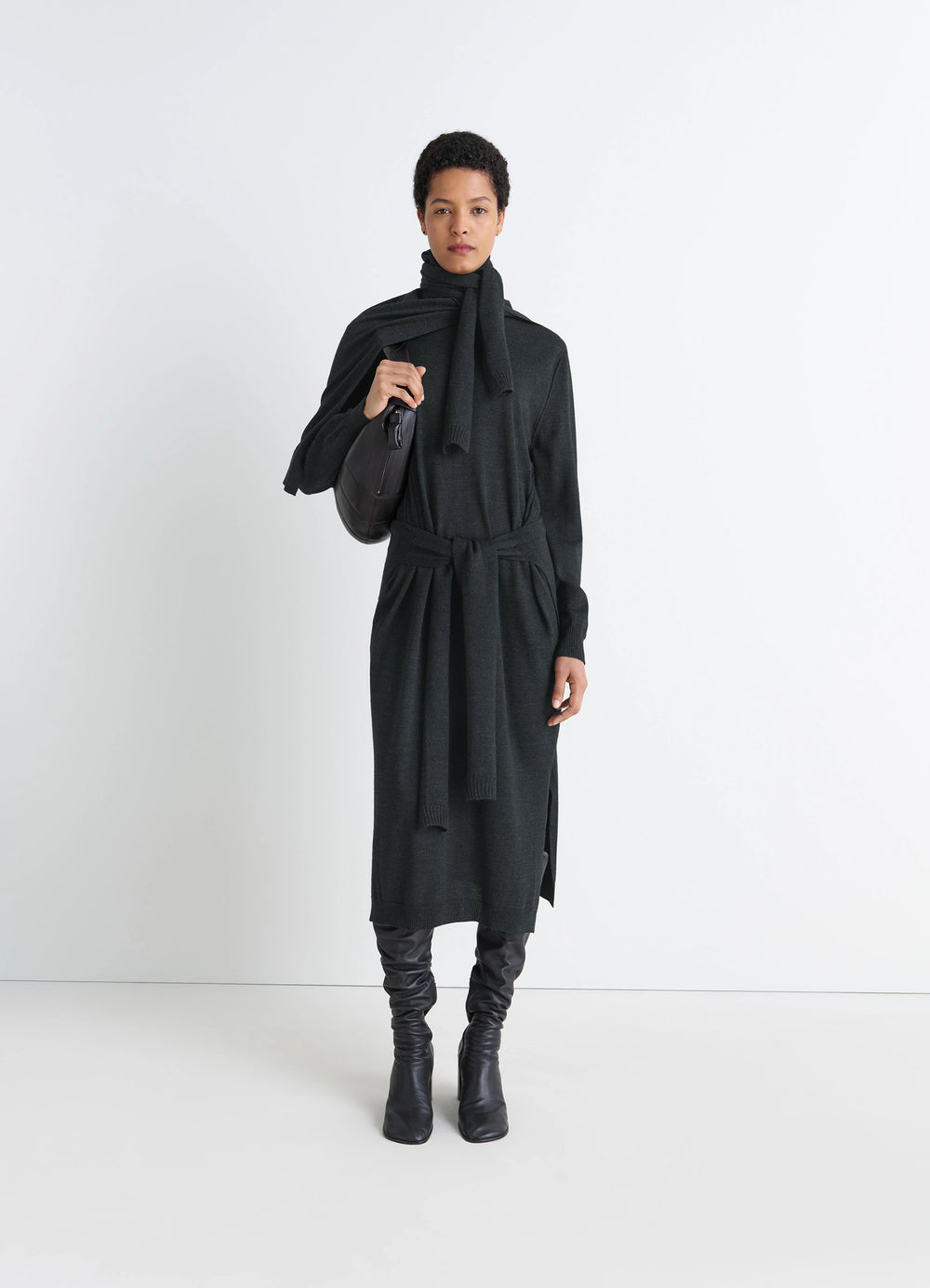 Lemaire Trompe LOeil Dress in Dark Merino Wool Blend, model shot, front view sweater-tie panels