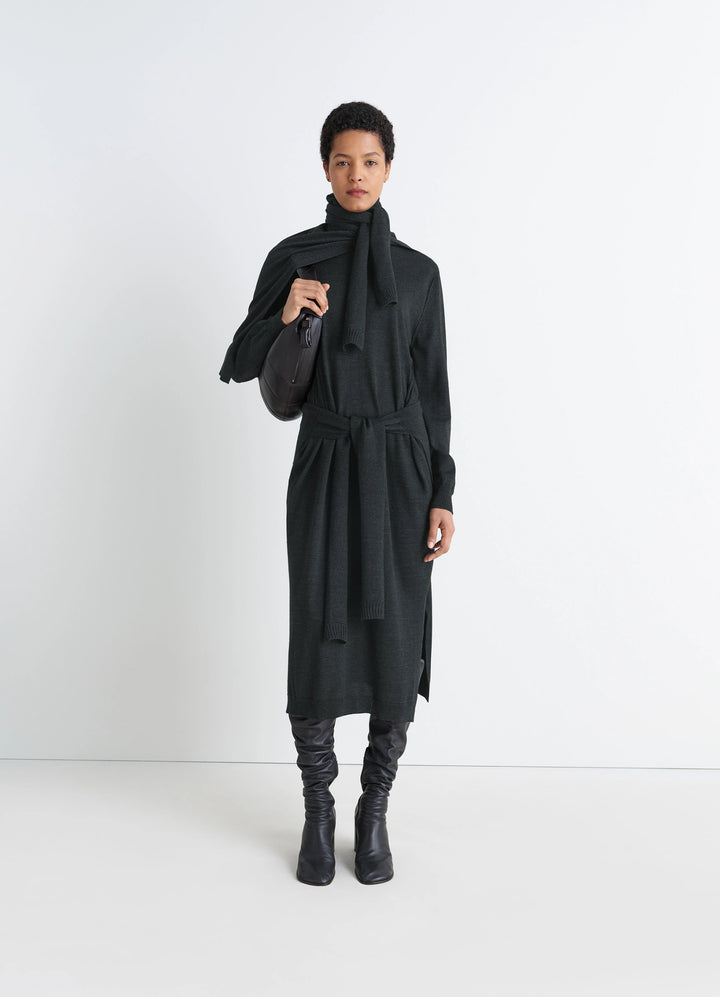 Lemaire Trompe LOeil Dress in Dark Merino Wool Blend, model shot, front view sweater-tie panels
