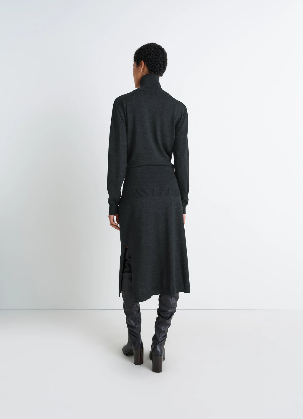 Lemaire Trompe LOeil Dress in Dark Merino Wool Blend, model shot, back view high turtleneck back