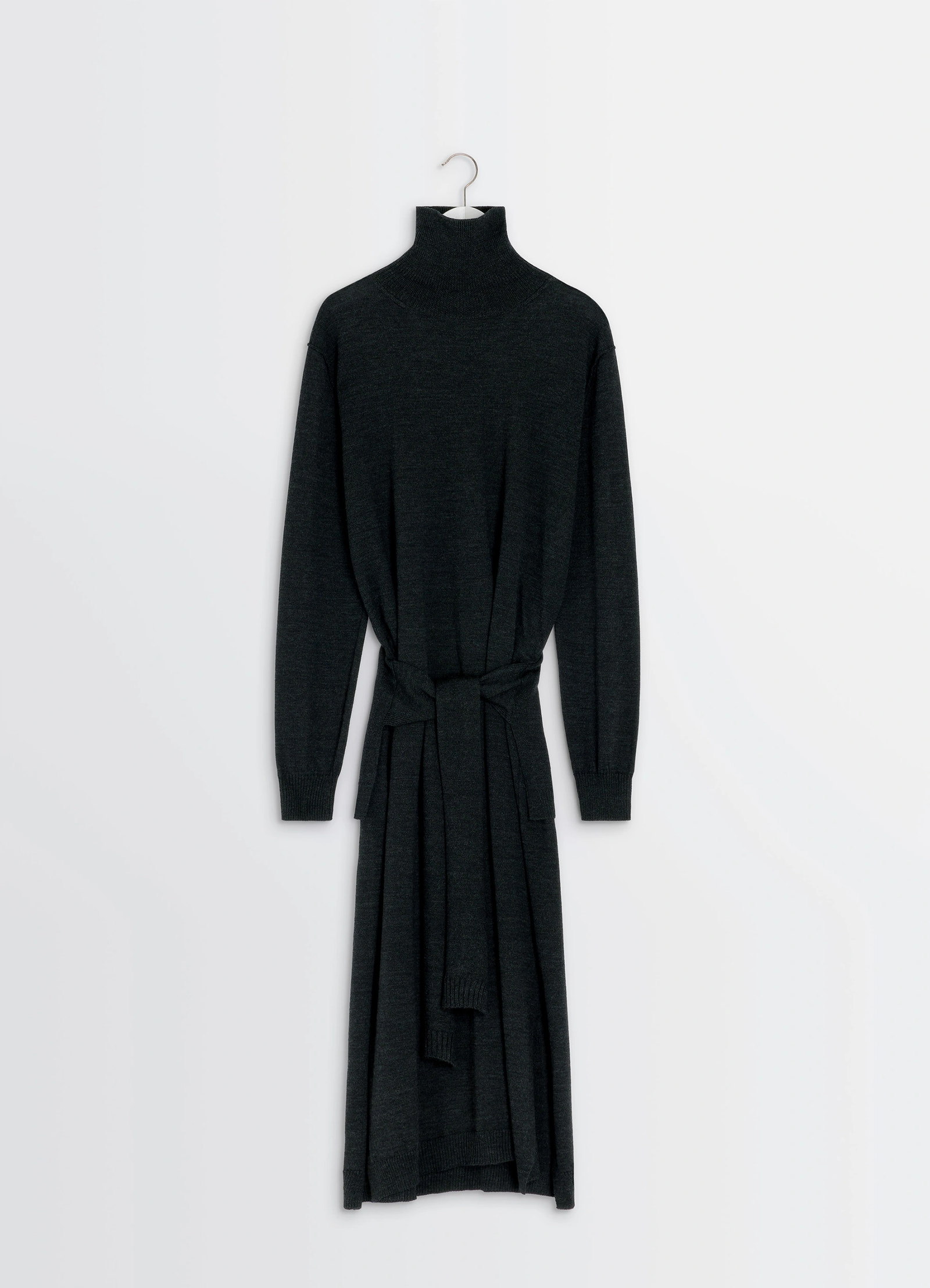 Lemaire trompe loeil dress in dark merino wool blend, product shot, front hanger view draped waist tie