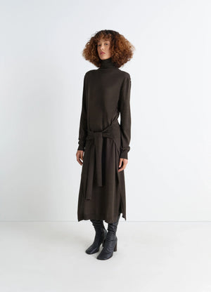 Lemaire Trompe LOeil Dress in Blended Merino Wool, model shot, Front view Sweater-style tie panels