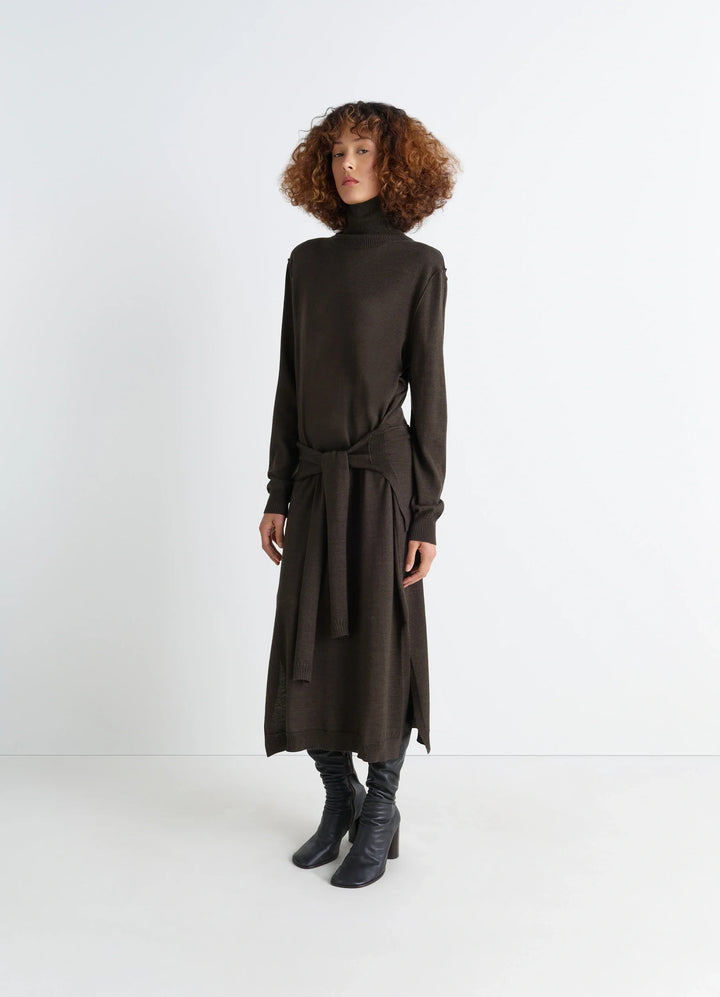 Lemaire Trompe LOeil Dress in Blended Merino Wool, model shot, Front view Sweater-style tie panels