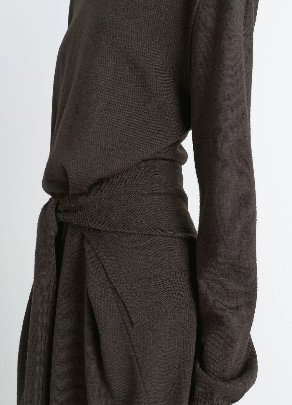 Lemaire Trompe LOeil Dress in Blended Merino Wool, product shot, side detail shot ribbed waistband detail