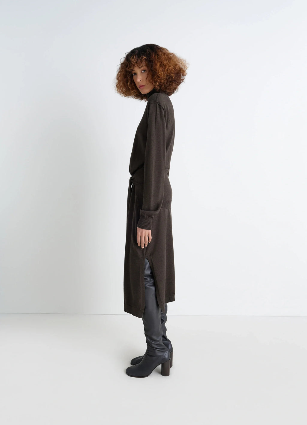 Lemaire Trompe LOeil Dress in Blended Merino Wool, model shot, three-quarter side view side slit, elbow-length sleeves