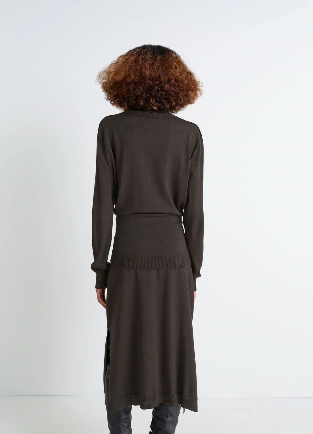 Lemaire Trompe LOeil Dress in Blended Merino Wool, model shot, back view sweater-style tie panels view 4