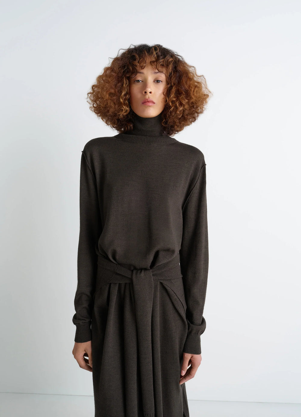 Lemaire Trompe LOeil Dress in Blended Merino Wool, model shot, upper body front close-up turtleneck long sleeves