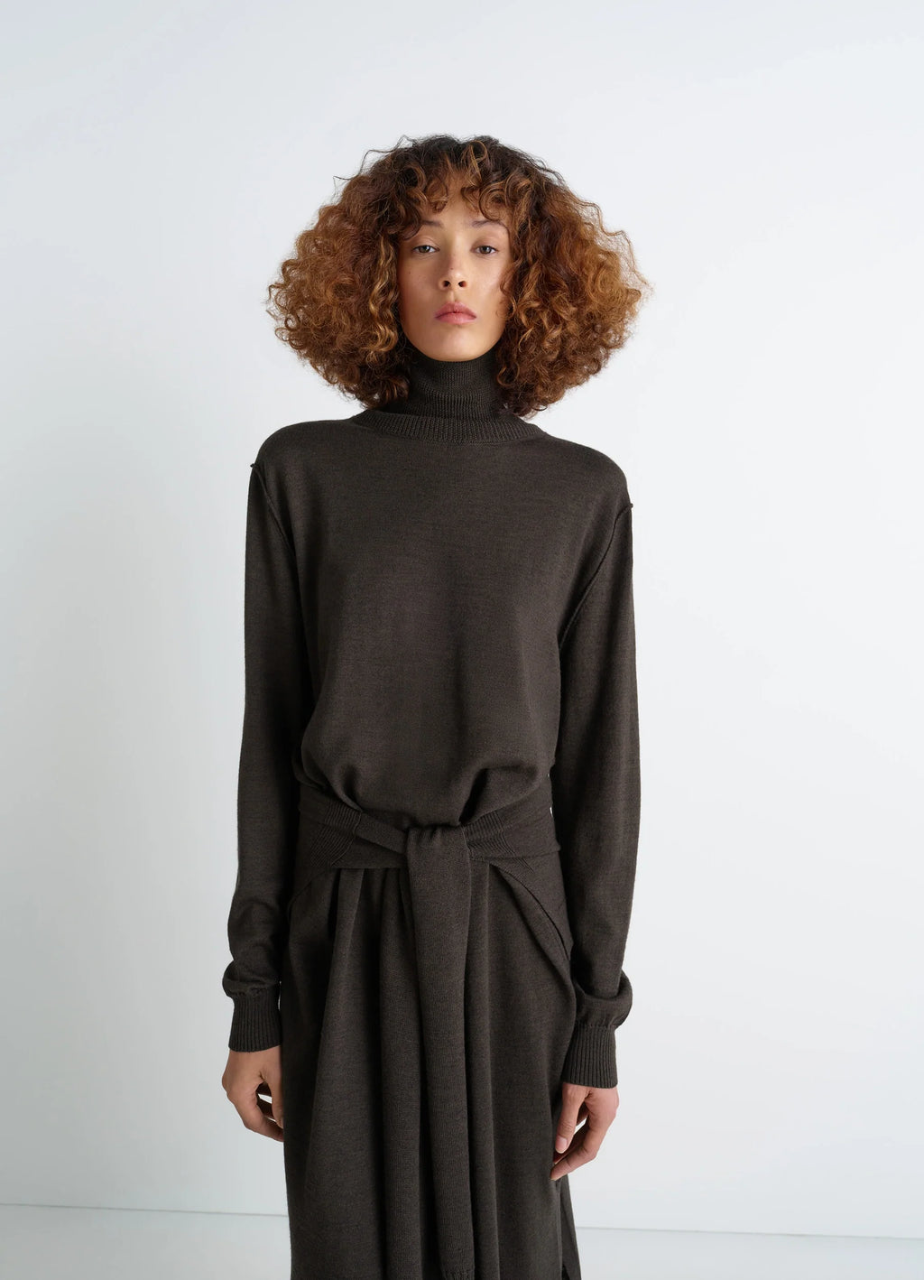 Lemaire Trompe LOeil Dress in Blended Merino Wool, model shot, upper body front close-up turtleneck long sleeves
