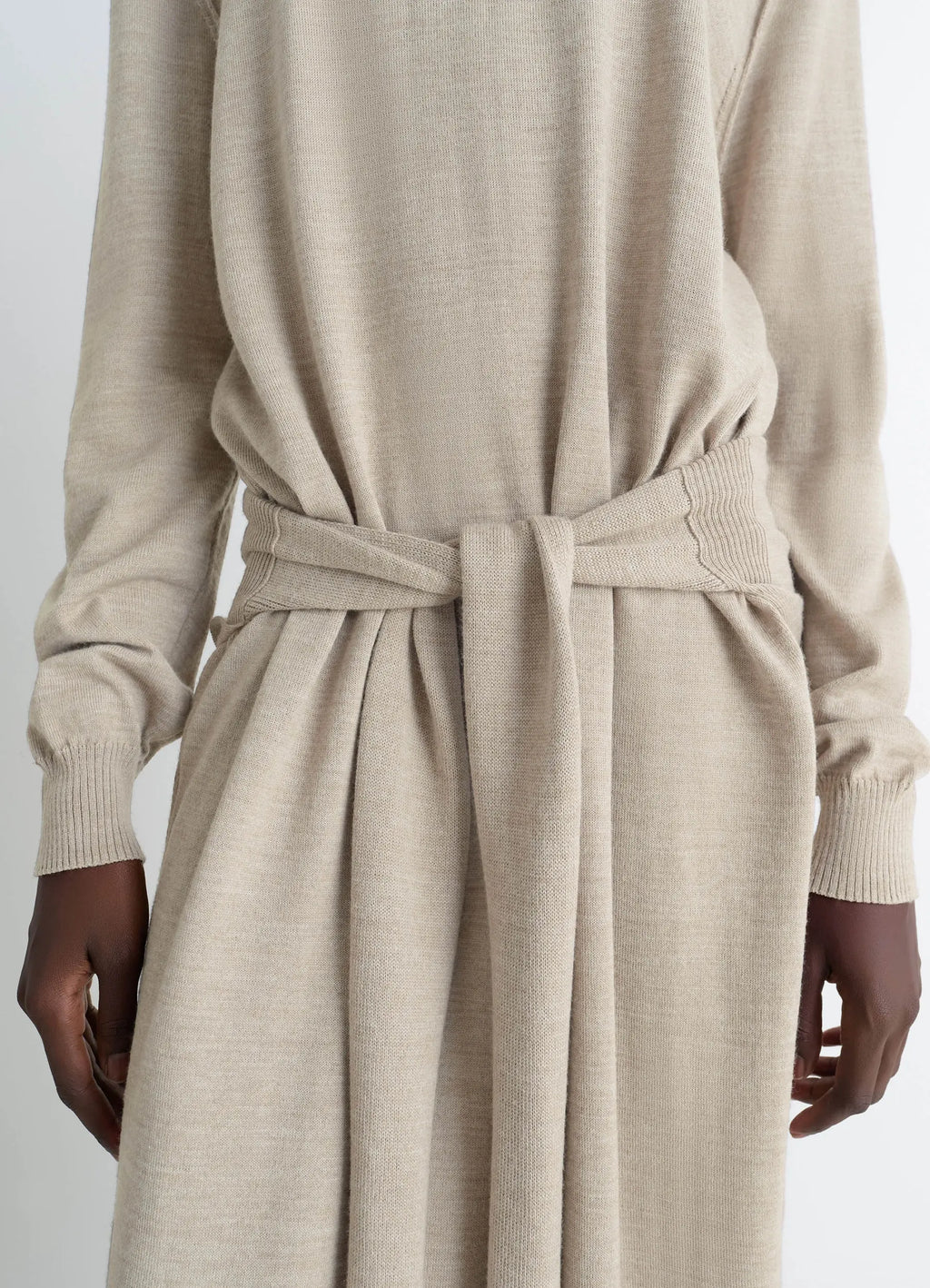Lemaire Trompe Lœil Dress in Beige Merino Wool Blend, model shot, close-up detail shot tie-around waistband