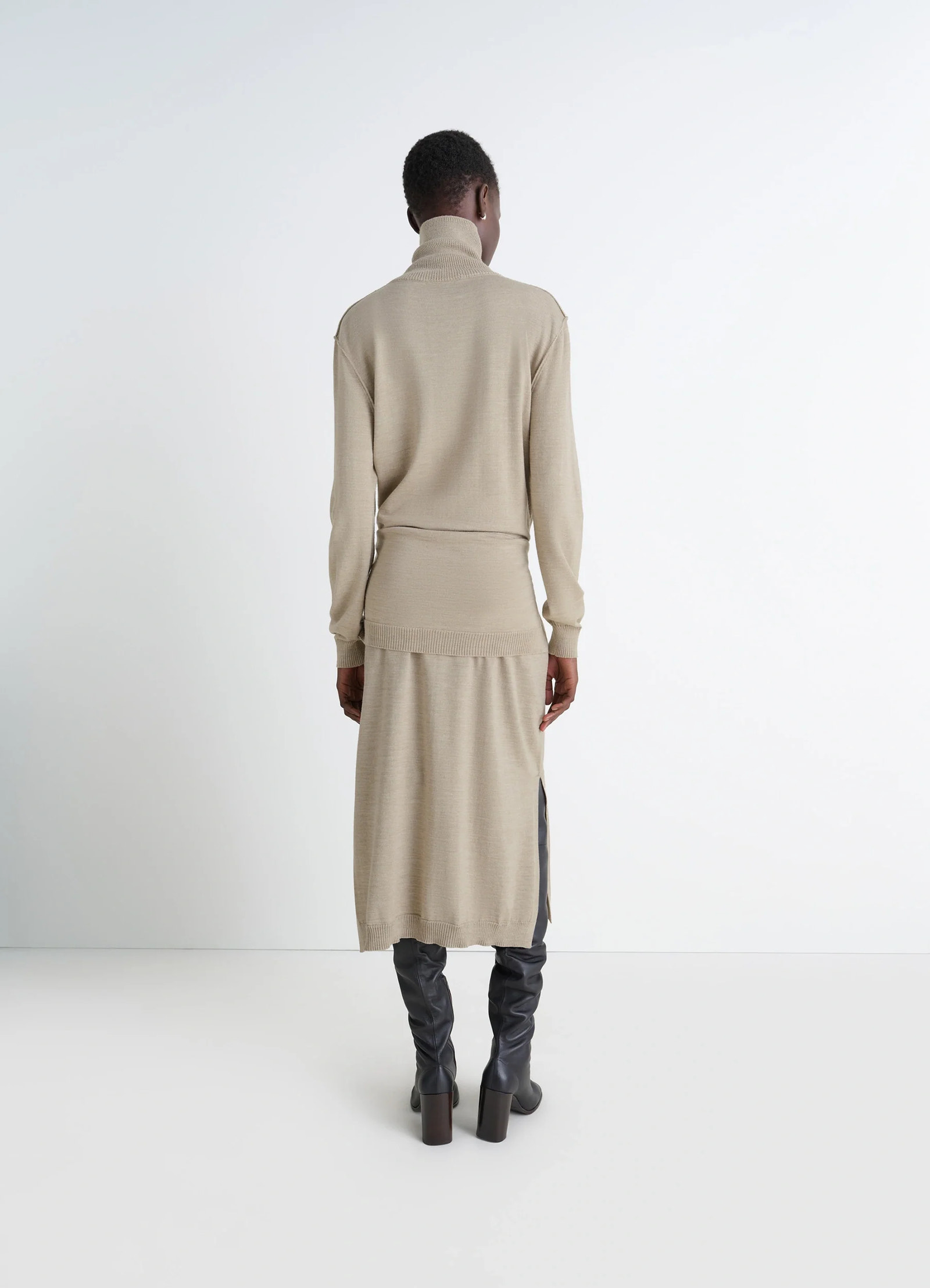 Lemaire trompe lœil dress in beige merino wool blend, model shot, back view high neckline