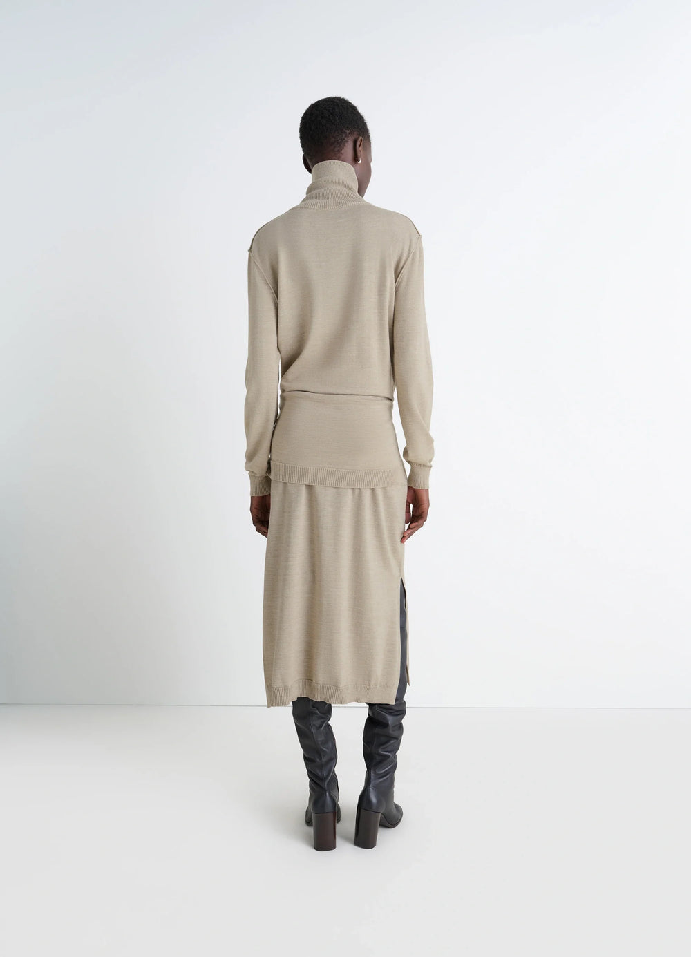 Lemaire Trompe Lœil Dress in Beige Merino Wool Blend, model shot, back view high neckline