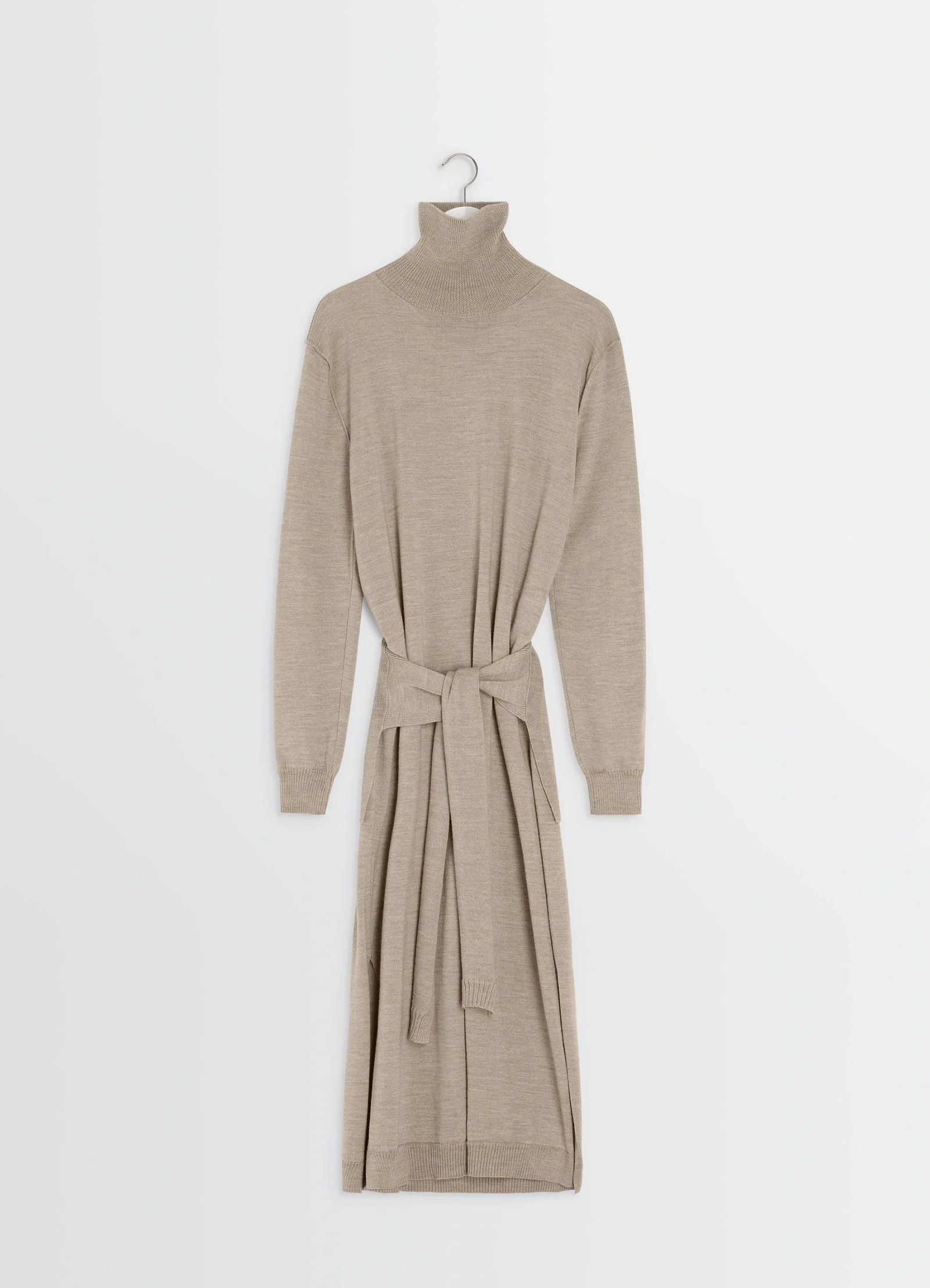 Lemaire trompe lœil dress in beige merino wool blend, product shot, hanging full view turtleneck with long sleeves