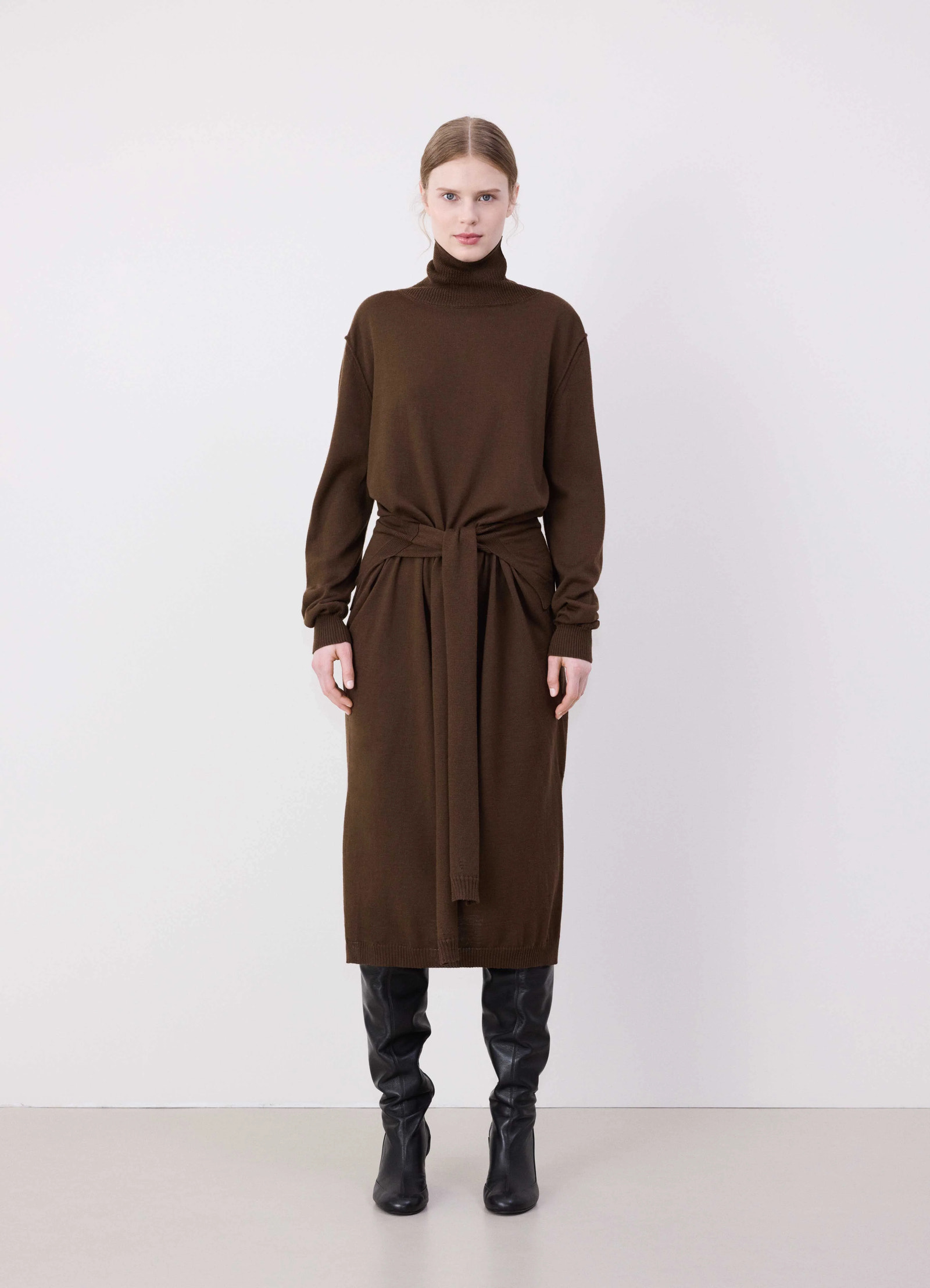 Lemaire trompe lœil dress in heathered merino blend, model shot, front view relaxed fit, tie waist