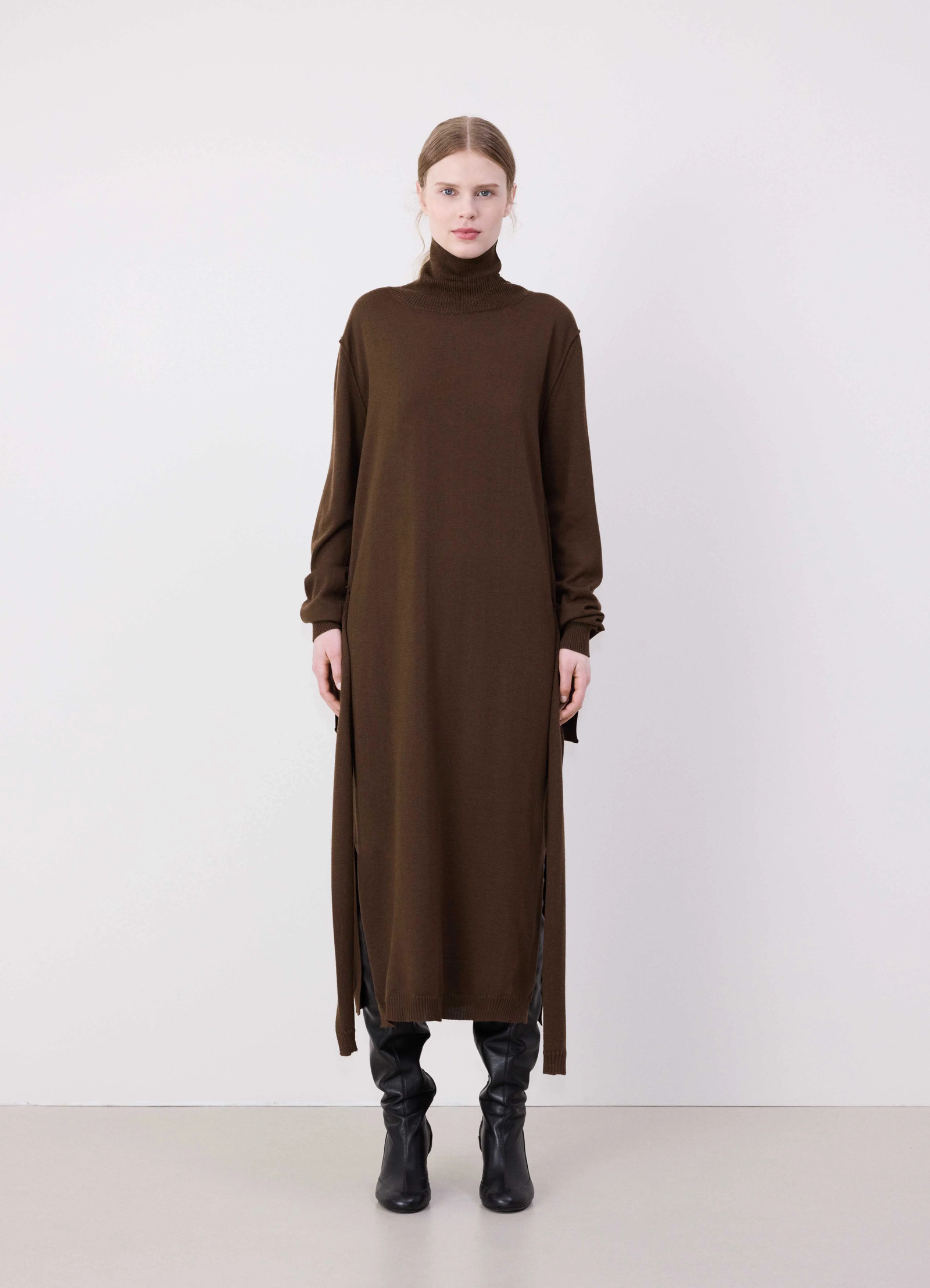 Lemaire trompe lœil dress in heathered merino blend, model shot, full body front side slit, turtleneck