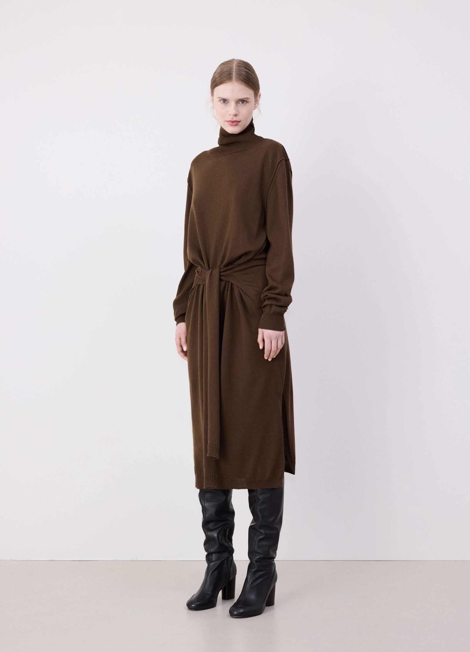Lemaire trompe lœil dress in heathered merino blend, model shot, three-quarter view knee-length hem, layered tie