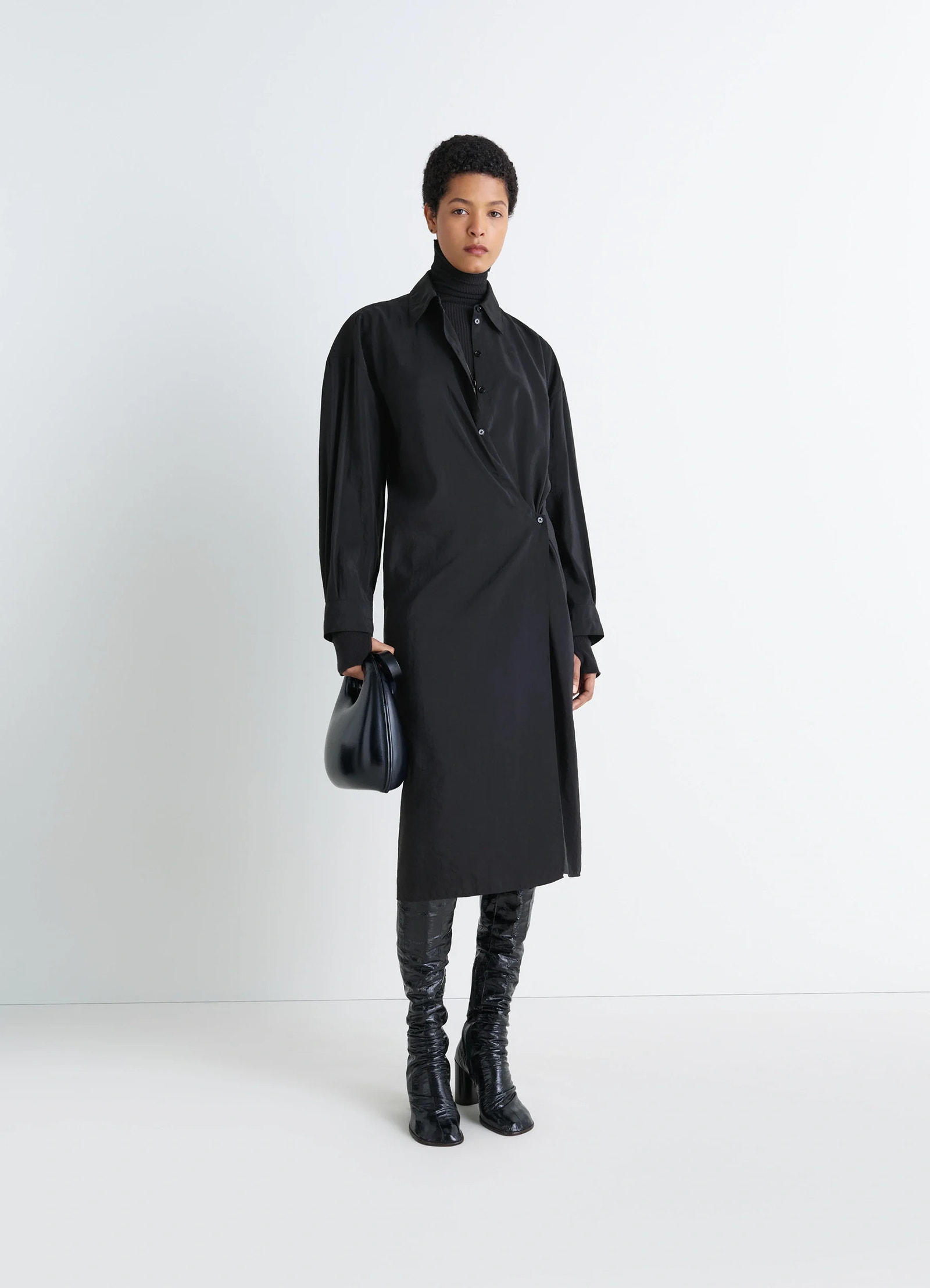 Lemaire straight collar twisted dre in black dry silk blend, model shot, front view fitted cut