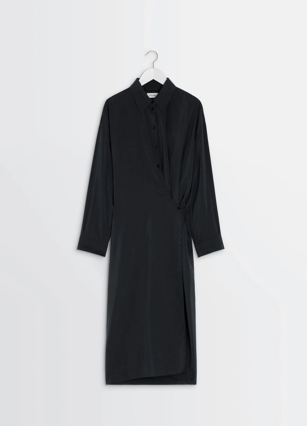 Lemaire Straight Collar Twisted Dre in Black Dry Silk Blend, product shot, angled hanging view asymmetrical overlap front