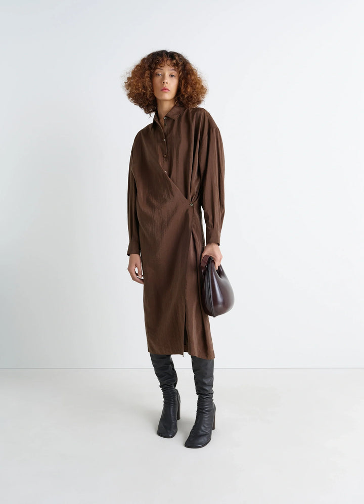 Straight Collar Twisted Dress in Brown Dry Silk Blend, model shot, Front view Loose fit with slit