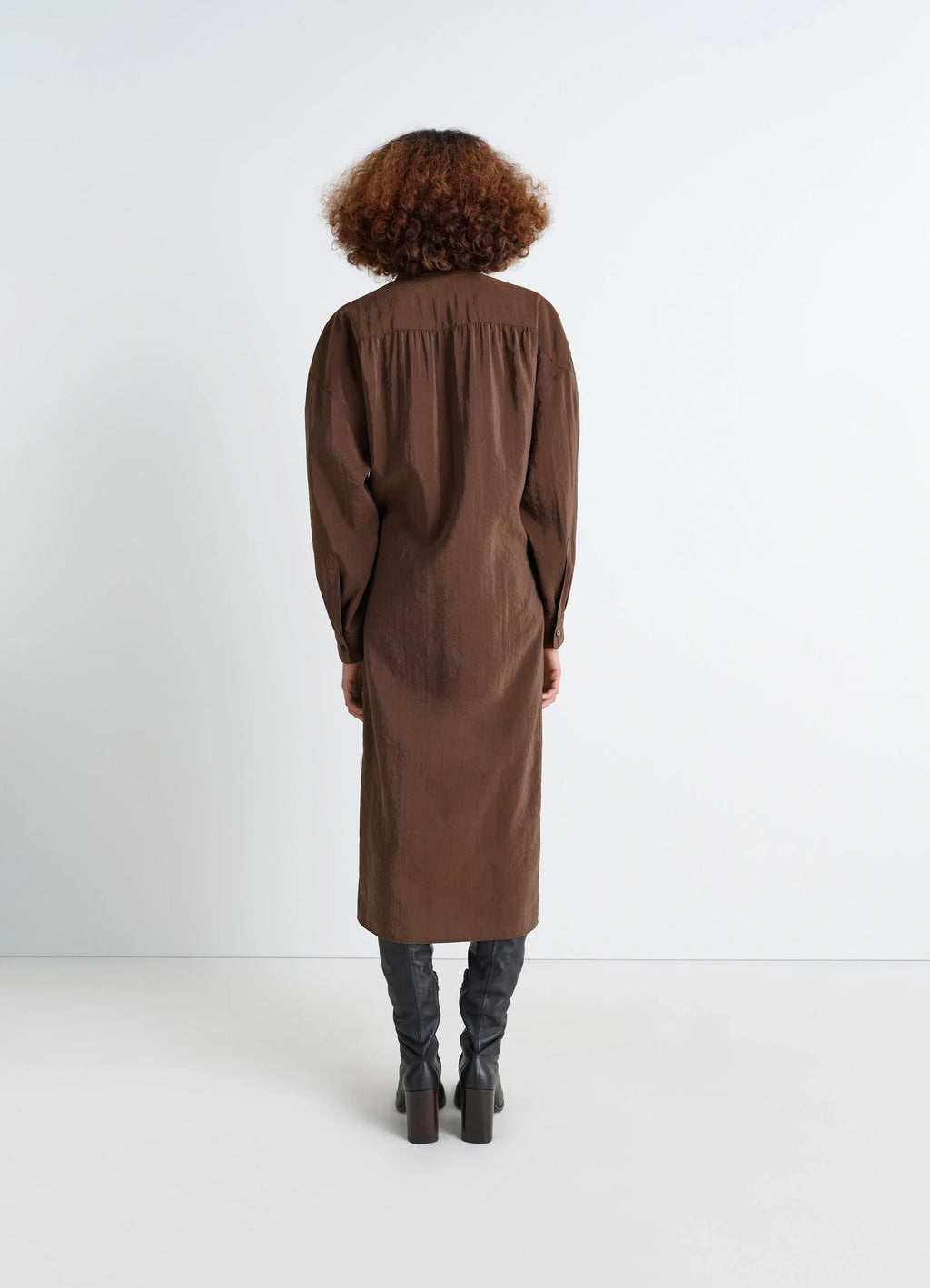 Straight Collar Twisted Dress in Brown Dry Silk Blend, model shot, back full view straight fit back pleats