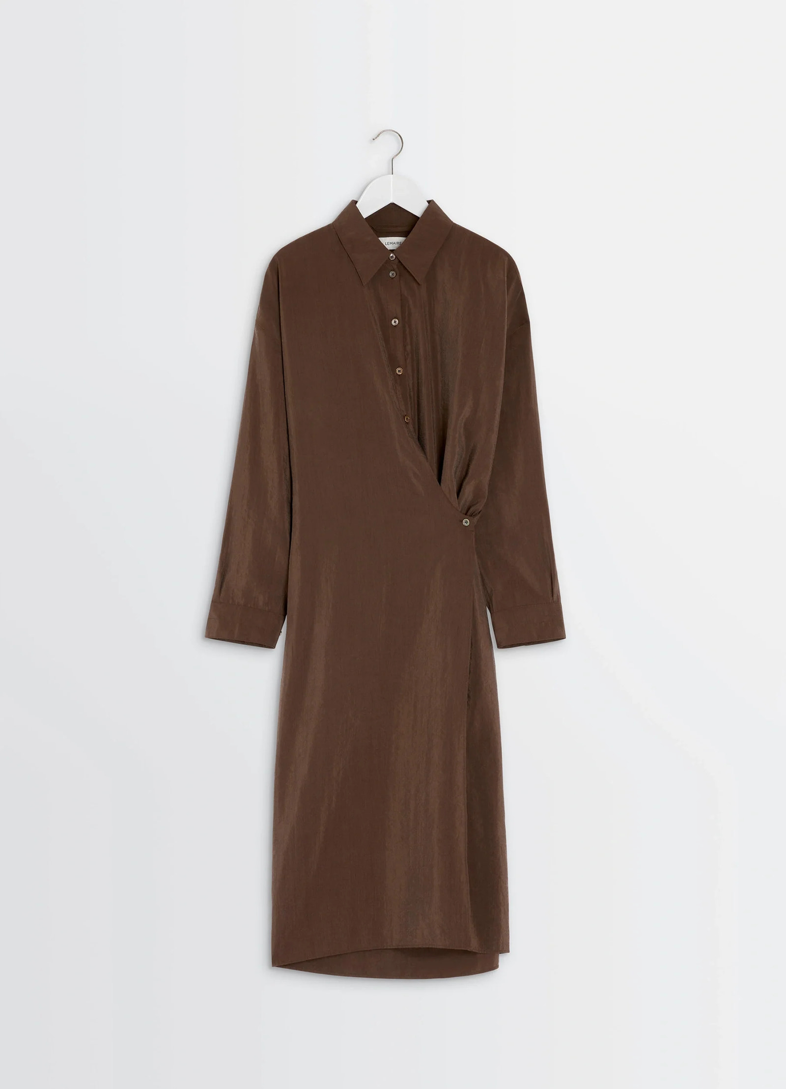 Straight collar twisted dress in brown dry silk blend, product shot, side upper half view asymmetrical twist detail