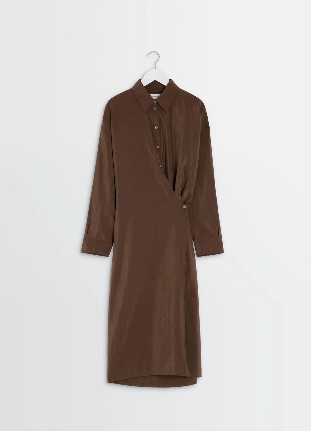 Straight Collar Twisted Dress in Brown Dry Silk Blend, product shot, side upper half view asymmetrical twist detail