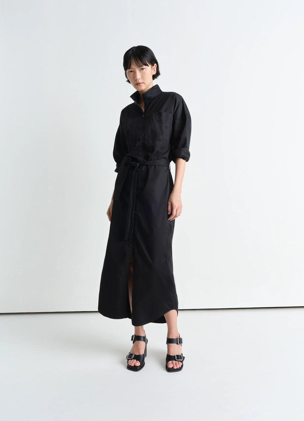 ロング シャツ ドレス - Black - ライトコットンサテン - ウィメンズ