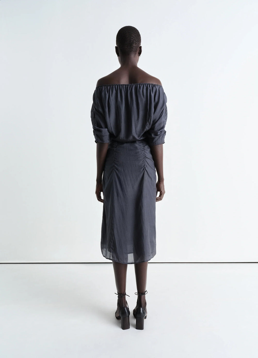 Lemaire Midi Dress in Silk Chiffon Gray, model shot, back view gathered waist, mid-length