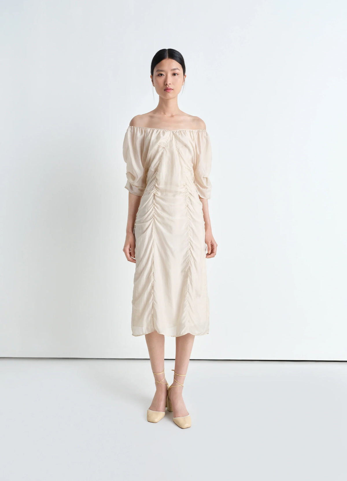 Lemaire Midi Dress in Silk Chiffon, model shot, front view off-shoulder gathered