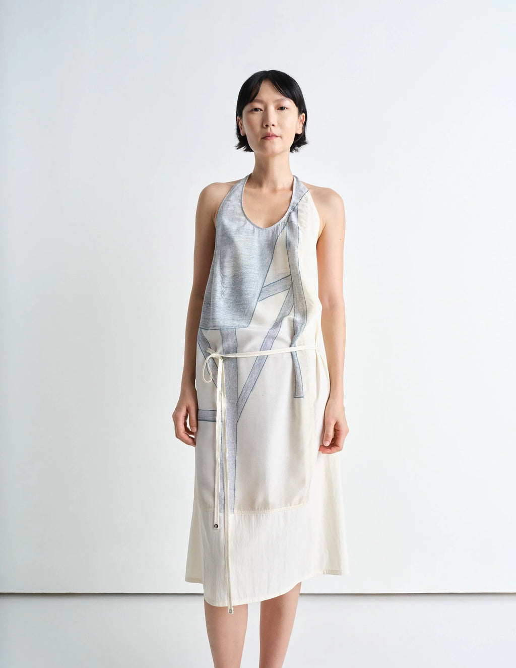 Philippe Weisbecker Apron Dress in Printed Viscose Technical Lyocell, model shot, Front view Backless with cords