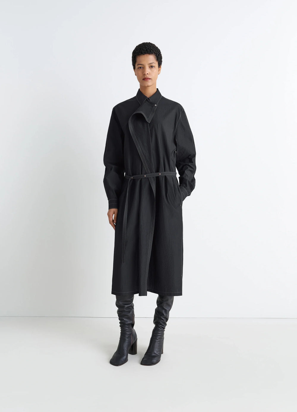 Asymmetrical Shirt Dress in Black Cotton Crepe, model shot, Front view Asymmetrical panel