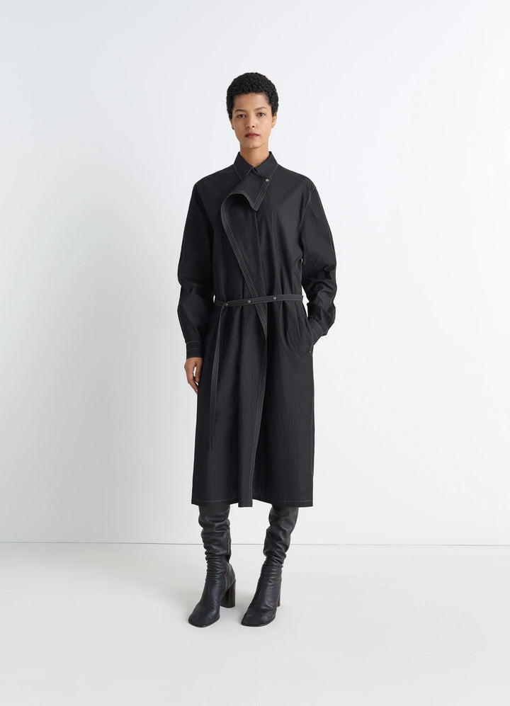 Asymmetrical Shirt Dress in Black Cotton Crepe, model shot, Front view Asymmetrical panel