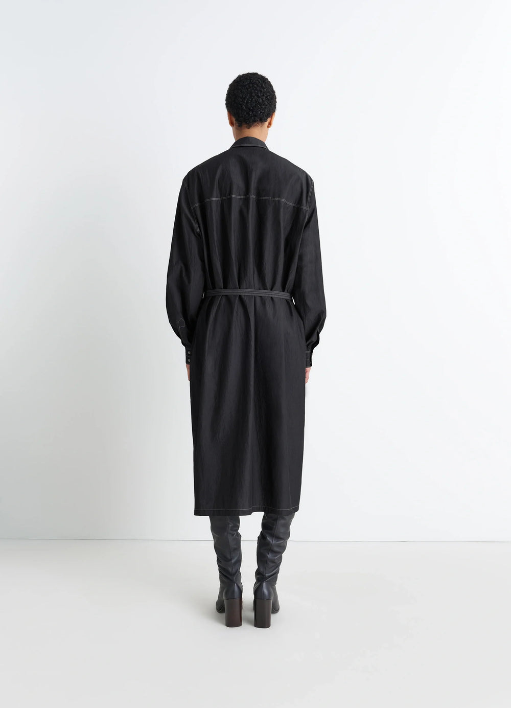 Asymmetrical Shirt Dress in Black Cotton Crepe, model shot, back view belted back, long hem