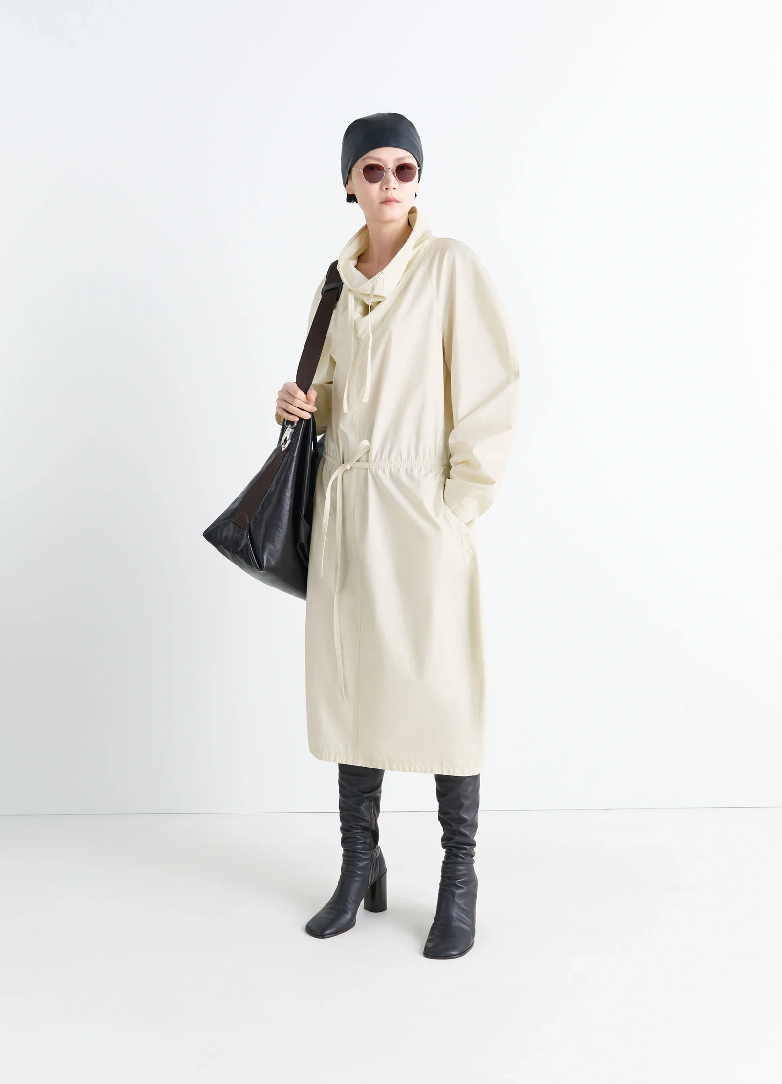 Lemaire vareuse dress in lightweight cotton satin, model shot, front view drawstring waist, loose fit