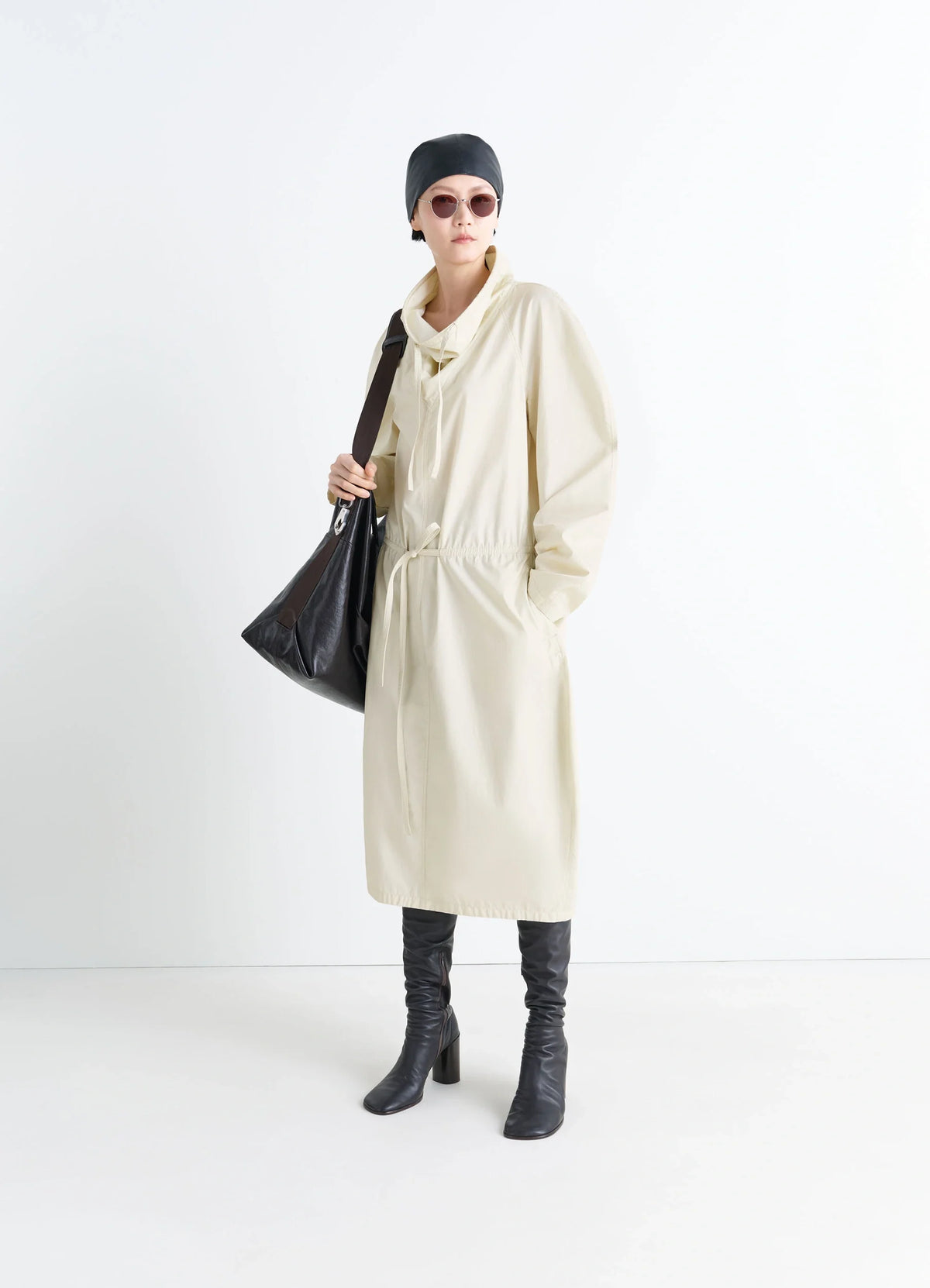 Lemaire Vareuse Dress in Lightweight Cotton Satin, model shot, Front view Drawstring waist, loose fit