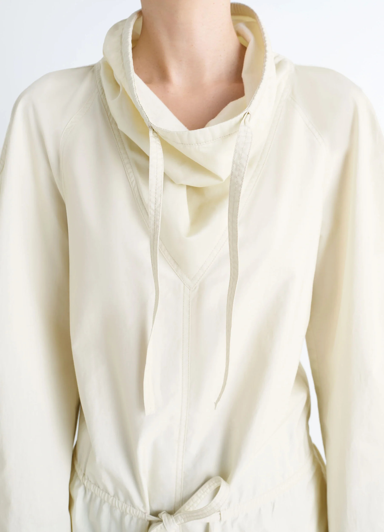 Lemaire vareuse dress in lightweight cotton satin, model shot, close-up collar view cowl neck detail visible