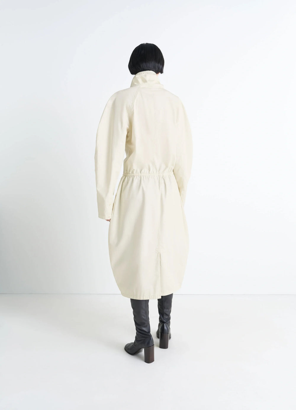 Lemaire Vareuse Dress in Lightweight Cotton Satin, model shot, back view raglan sleeves and gathered waistba