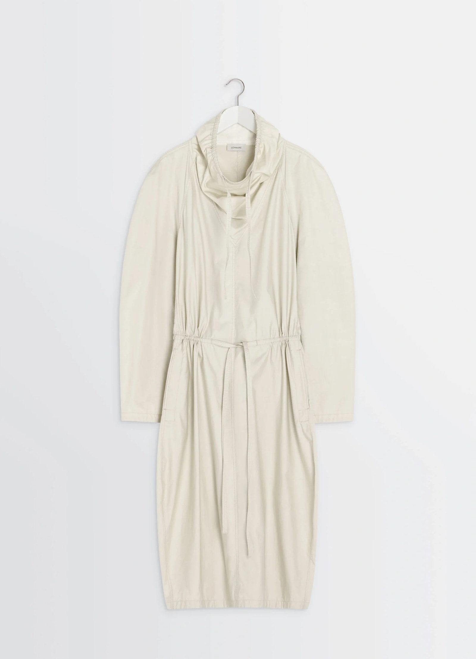Lemaire vareuse dress in lightweight cotton satin, product shot, full front hanging view cowl neck with drawstring