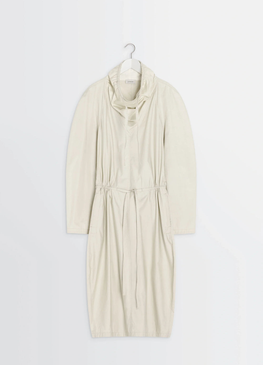 Lemaire Vareuse Dress in Lightweight Cotton Satin, product shot, full front hanging view cowl neck with drawstring