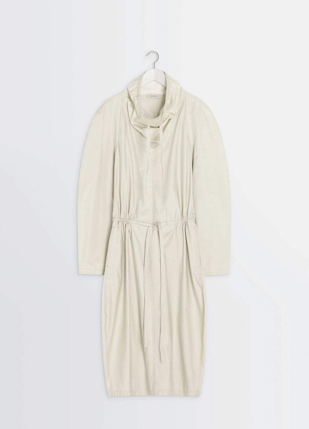 Lemaire Vareuse Dress in Lightweight Cotton Satin, product shot, full front hanging view cowl neck with drawstring