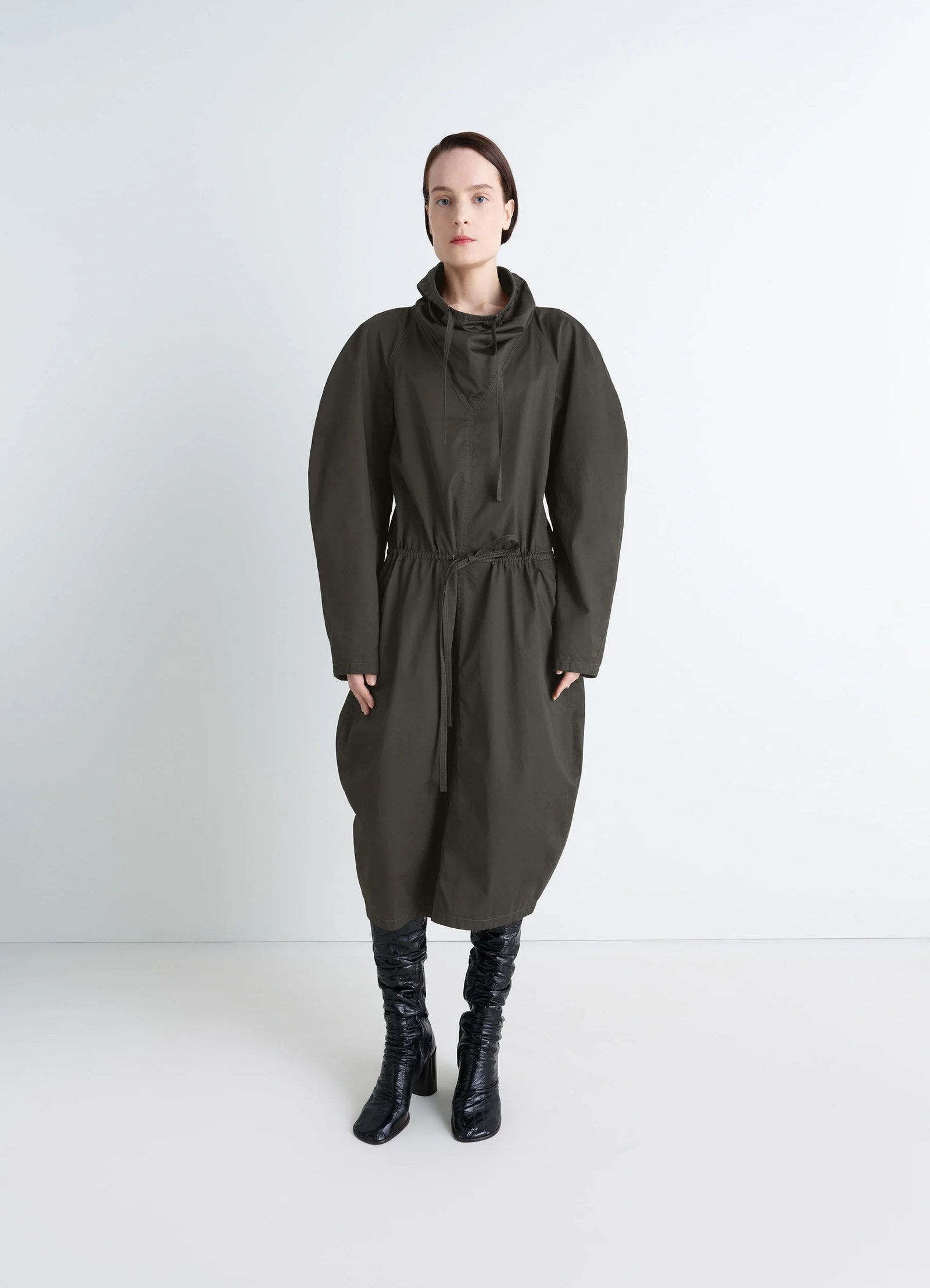 Lemaire vareuse dress in olive lightweight cotton, model shot, full-body front view drawstring waist fit