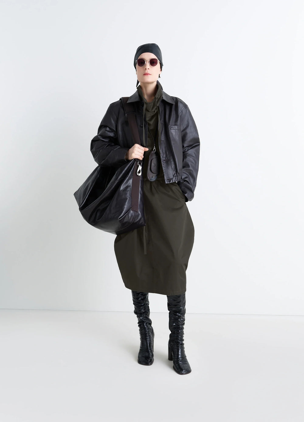 Lemaire Vareuse Dress in Olive Lightweight Cotton, model shot, Front view Workwear-inspired cut