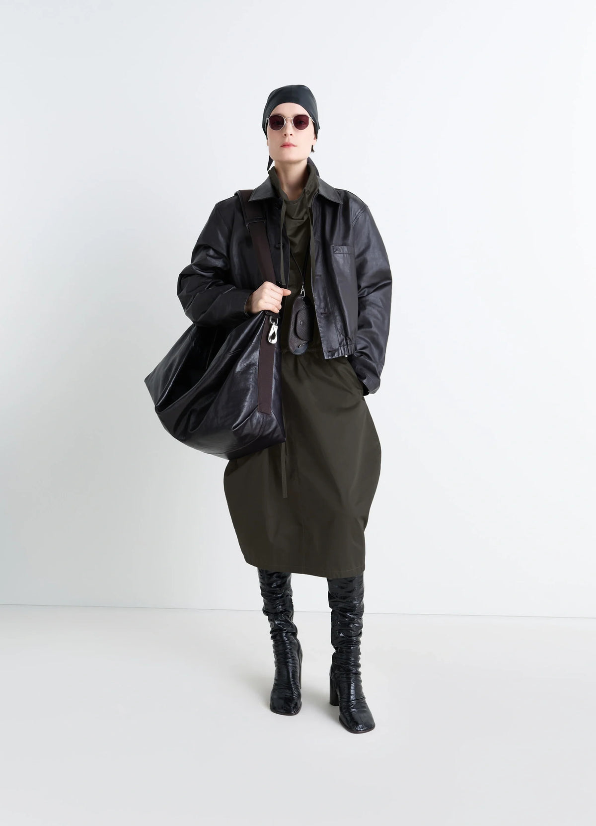 Lemaire Vareuse Dress in Olive Lightweight Cotton, model shot, Front view Workwear-inspired cut