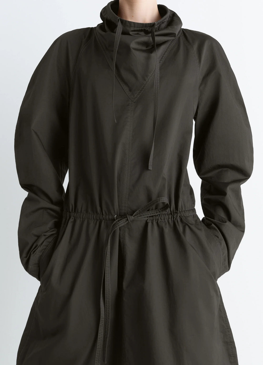 Lemaire Vareuse Dress in Olive Lightweight Cotton, model shot, mid-length detail view gathered elastic cuffs