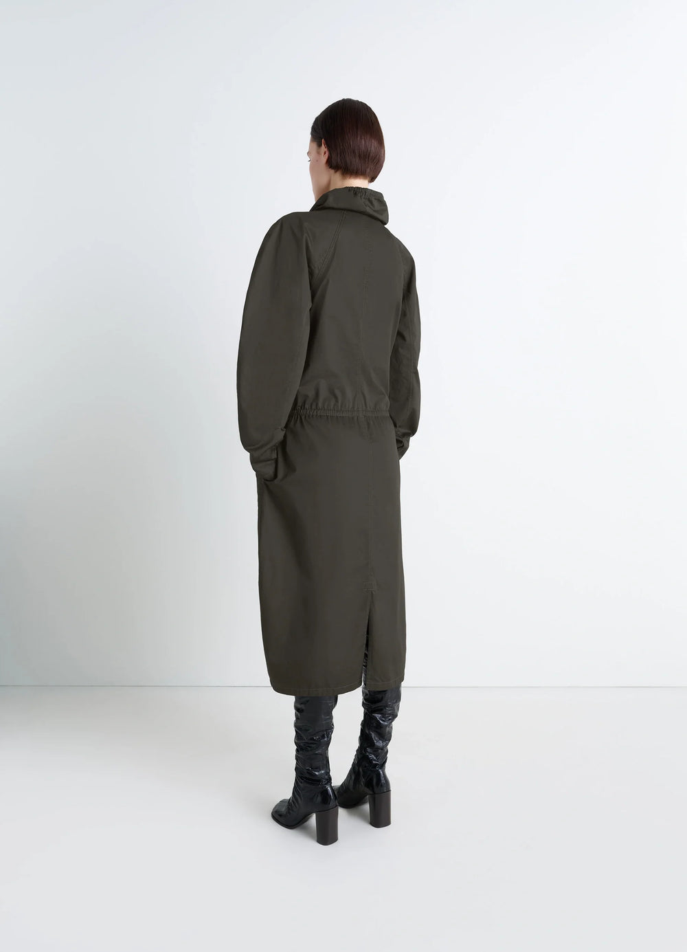 Lemaire Vareuse Dress in Olive Lightweight Cotton, model shot, back view back slit detail