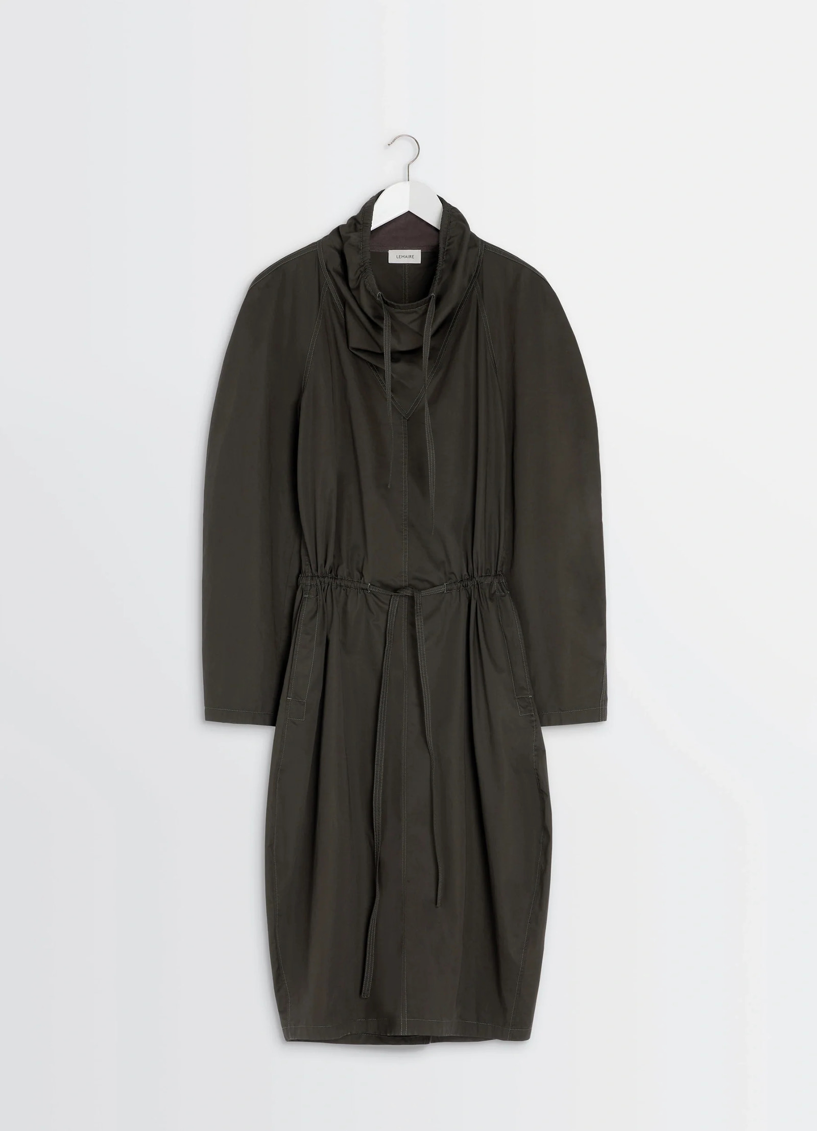 Lemaire vareuse dress in olive lightweight cotton, product shot, hanger front detail view relaxed fit with drawstring front