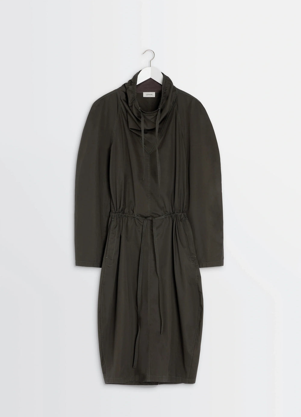 Lemaire Vareuse Dress in Olive Lightweight Cotton, product shot, hanger front detail view relaxed fit with drawstring front