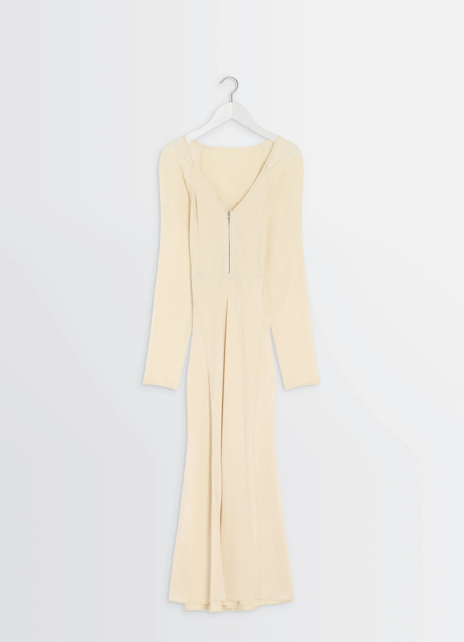 Bias cut dress in silk crepe de chine, product shot, hanging back view deep v-neck zipper back