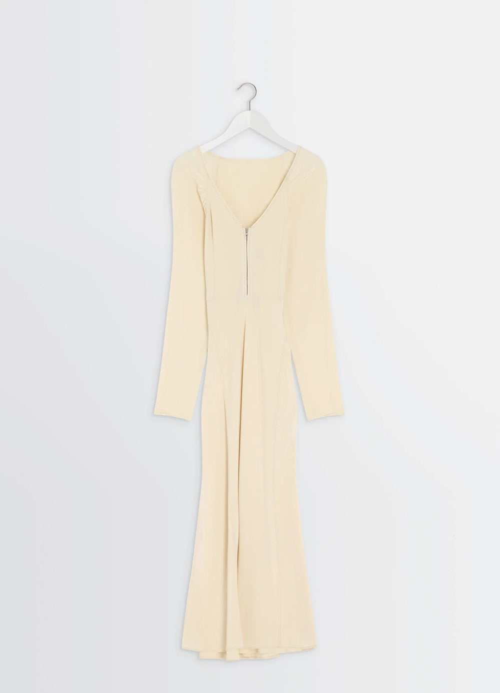 BIAS CUT DRESS in Silk Crepe de Chine, product shot, hanging back view deep v-neck zipper back